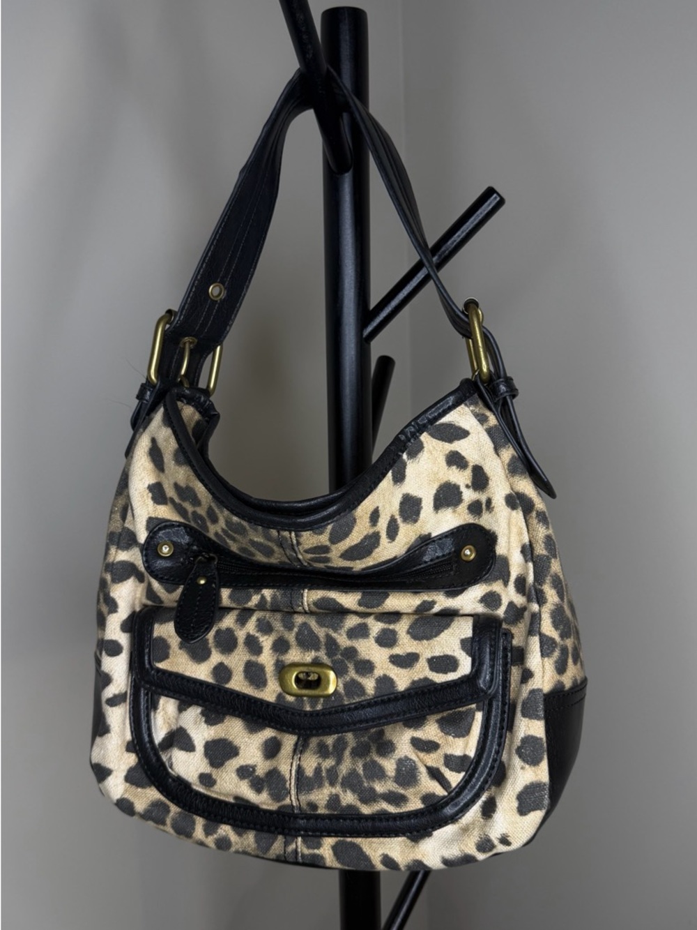 VINTAGE early 2000s Leopard Print Denim Shoulder Bag - Black Faux Leather Trim